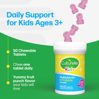 Culturelle Kids Complete Chewable Multivitamin + Probiotic For Kids, Ages 3+, 90 Count, Digestive Health, Oral Health & Immune Support - With 11 Vitamins & Minerals, including Vitamin C, D3 & Zinc