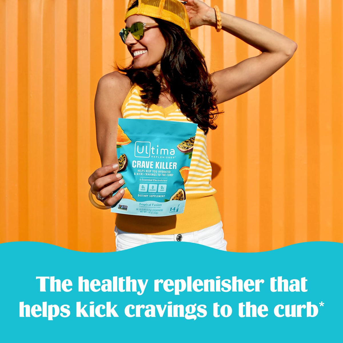 Ultima Replenisher Crave Killer Supplement, Tropical Fusion, 14 Stickpacks - Daily Zero Sugar Electrolyte Powder Hydration Packets with 6 Key Electrolytes & Chromax to Help Curb Cravings - Keto Friendly