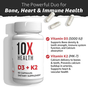 10X Health Vitamin D3 K2-60 Capsules - Vitamin K2 Mk7: 5000 IU Vitamin D3, Bone, Heart & Teeth Support, 60 Capsules