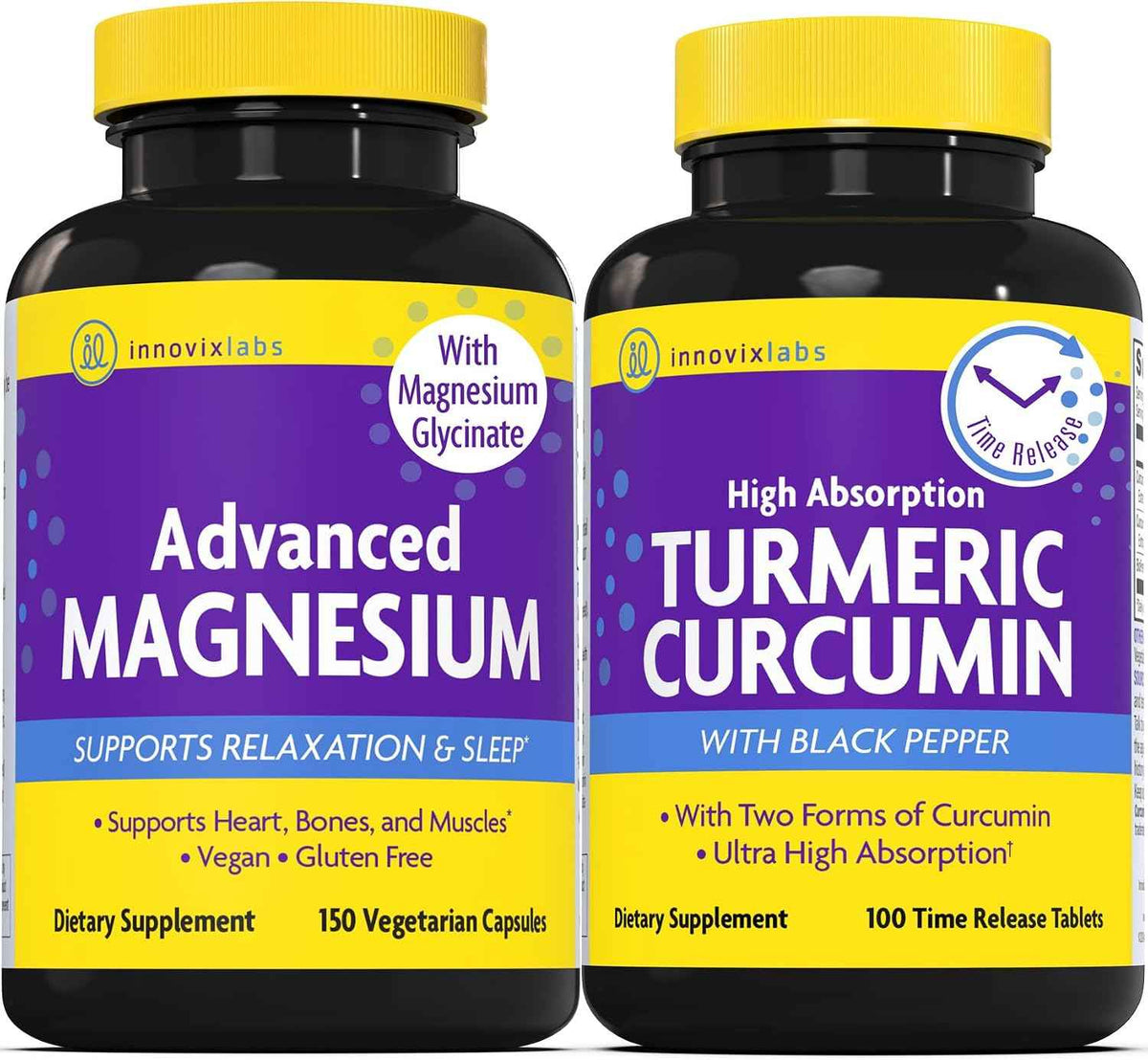 Magnesium & Curcumin Bundle: InnovixLabs Advanced Magnesium (150 Time-Release Capsules) InnovixLabs Turmeric Curcumin (100 Time-Release Tablets). Promotes Relaxation, Bones, Muscle and Immune Health.*