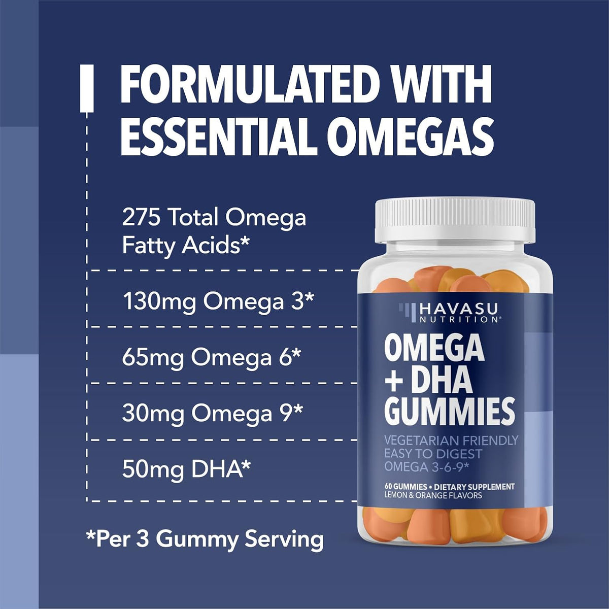 Omega 3 6 9 Gummies with DHA, Plant-Based Omega 3 Gummies for Adults, 60ct - Omega 3 6 9 + DHA Gummies, Fish Oil Alternative for Adults with DHA from Algae, Lemon and Orange Flavors, 20 Servings