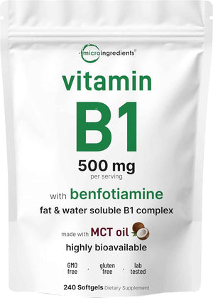 Micro Ingredients Vitamin B1 Thiamine 500mg with Benfotiamine & MCT Oil, 240 Softgels - Highly Bioavailable Thiamine Supplement for Energy & Nervous System Support* - Non-GMO, Soy Free