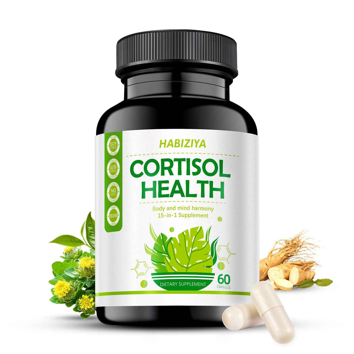 HABIZIYA Cortisol Support Supplement with Magnesium Glycinate, L-Theanine, Ashwagandha, Phosphatidylserine,Rhodiola Rosea 15-in-1 Hormone Balance for Women Men Mood, Focus, Sleep Support 60 Capsules