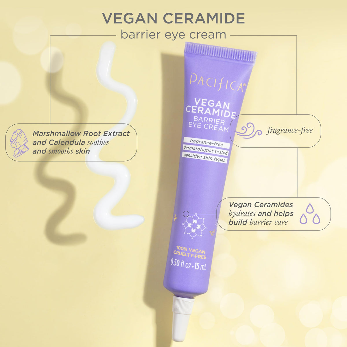 Pacifica Vegan Ceramide Barrier Eye Cream - Hydrating Under Eye Moisturizer for Sensitive Skin - Fragrance-Free Treatment (0.5 fl. oz)
