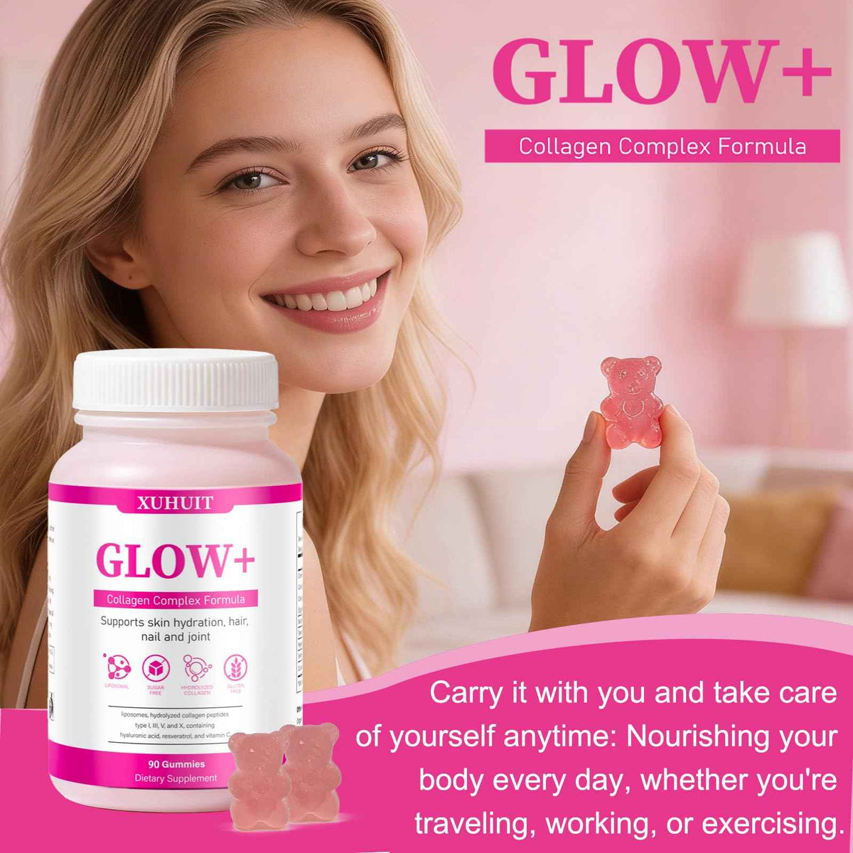 PBZPBZ Glow Collagen Gummies with Hyaluronic Acid & Resveratrol - Gentle Support for Skin, Hair & Nail Care - Non-GMO - 90 Count (1)