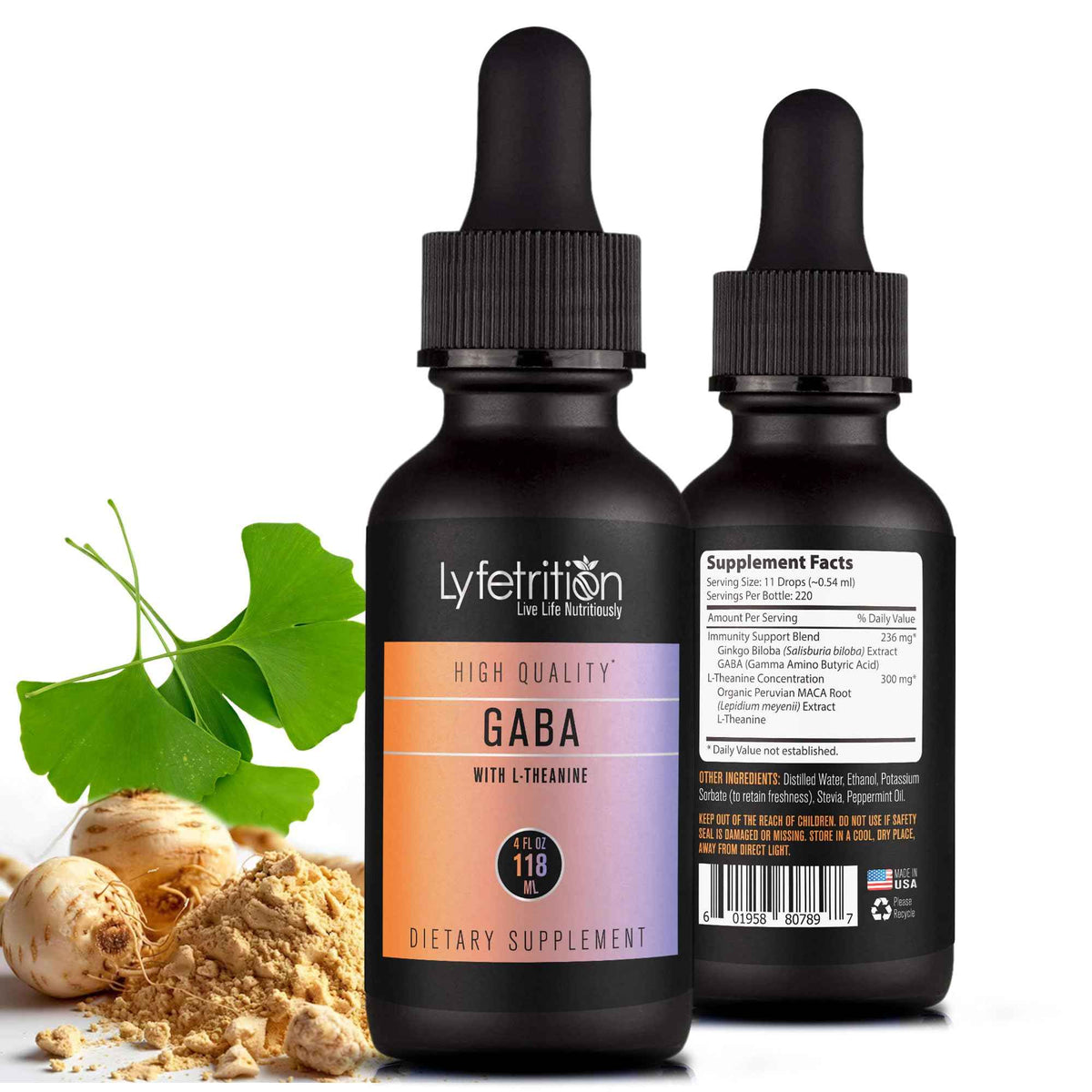 Lyfetrition GABA with L-Theanine, Ginkgo Biloba (Salisburia biloba) Extract, Organic Peruvian MACA Root (Lepidium meyenii) Extract, 118 ml, 4 FL Oz Liquid, 220 Servings, Made in USA, Quick Absorption