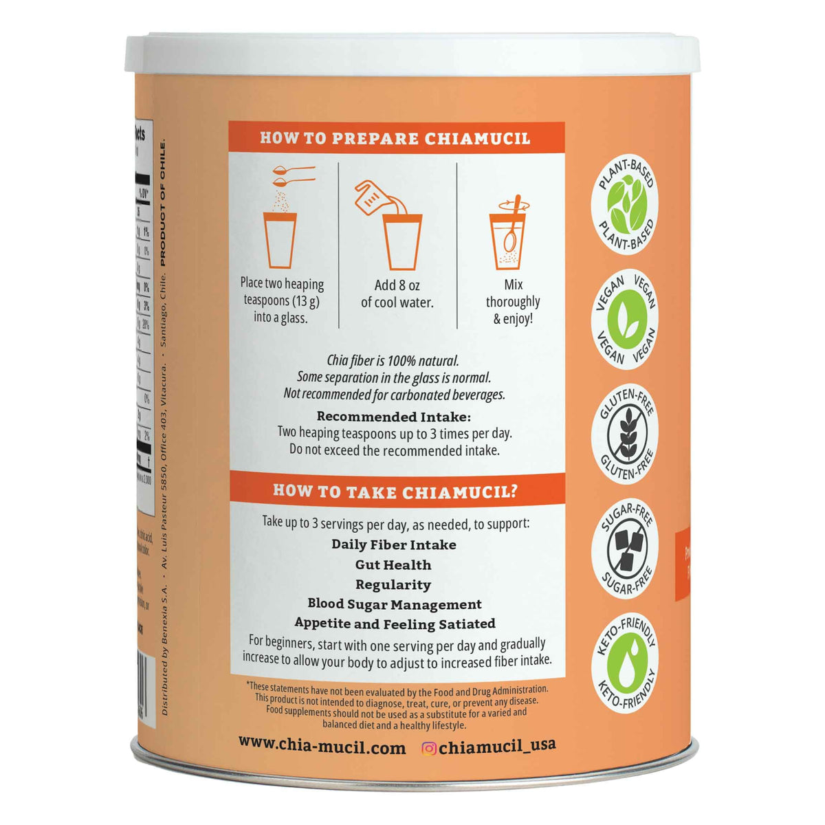 BENEXIA Chiamucil Prebiotic Chia & Inulin Fiber Powder, Orange, 80 Serv
