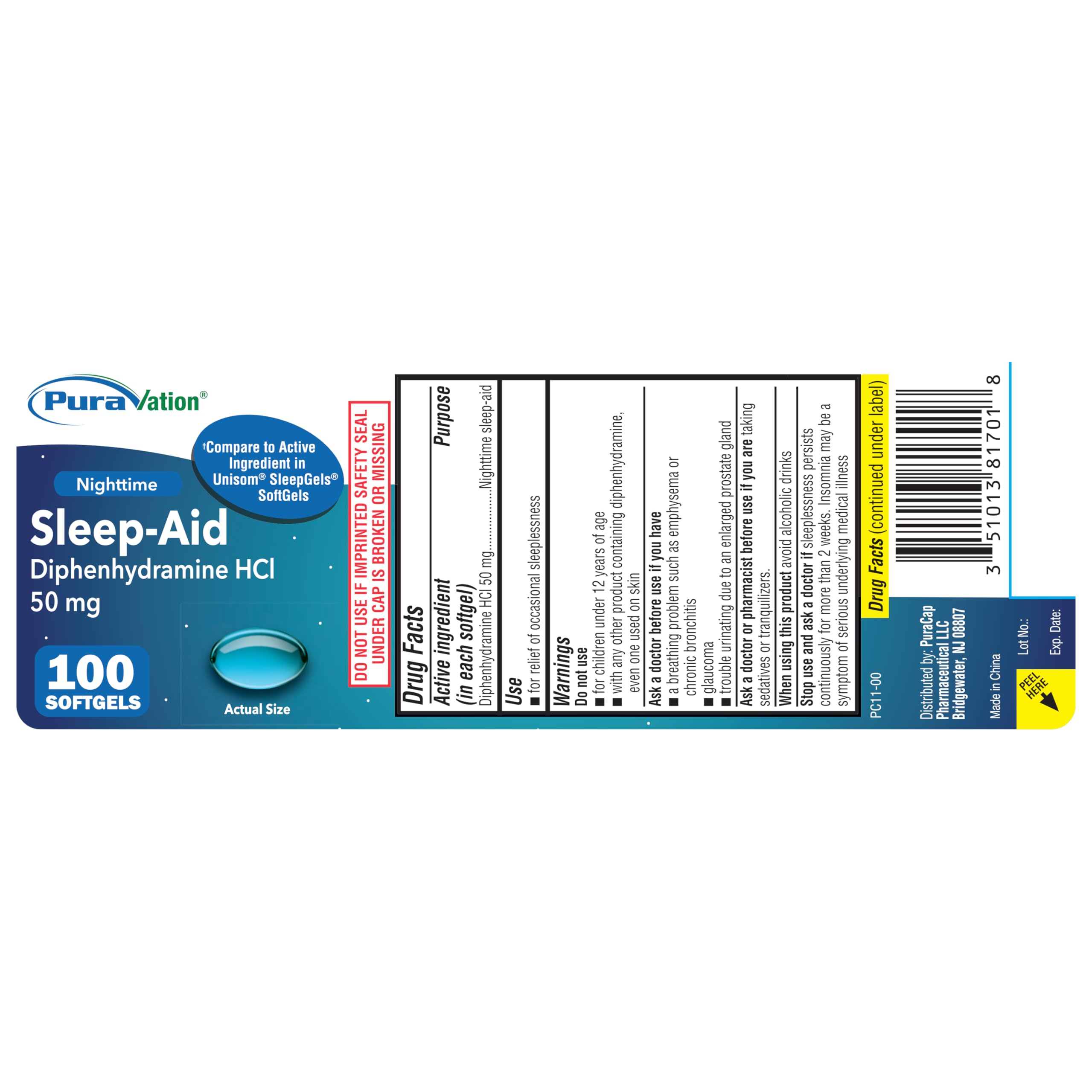 PURAVATION Nighttime Sleep Aid Softgels, Diphenhydramine 50mg, Supports Deeper, Restful Sleeping, Non-Habit-Forming, Maximum Strength, 100 Count