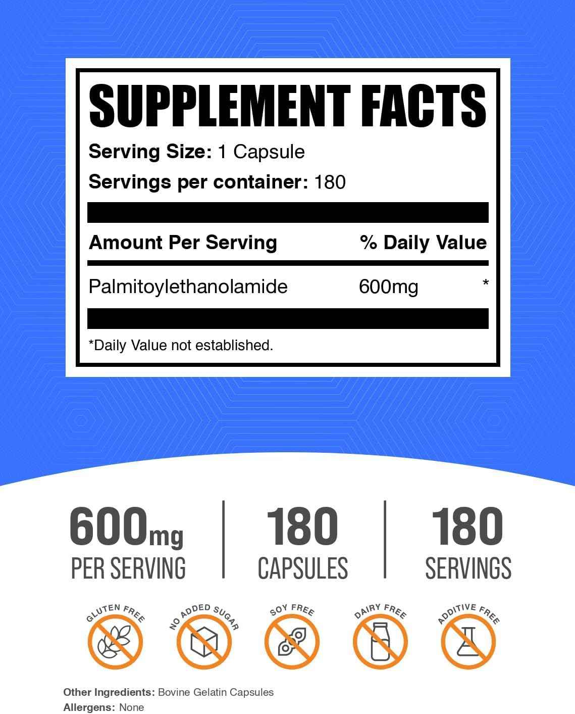 BulkSupplements.com Palmitoylethanolamide Capsules - Pea Supplement, Palmitoylethanolamide 600mg for Immmune Support - Gluten Free, 1 Capsule per Serving, 180 Capsules (Pack of 1)