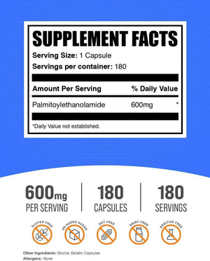 BulkSupplements.com Palmitoylethanolamide Capsules - Pea Supplement, Palmitoylethanolamide 600mg for Immmune Support - Gluten Free, 1 Capsule per Serving, 180 Capsules (Pack of 1)