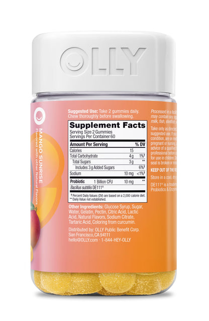 OLLY Probiotic Gummy, Immune and Digestive Support, 1 Billion CFUs, Chewable Probiotic Supplement, Mango, 60 Day Supply - 120 Count