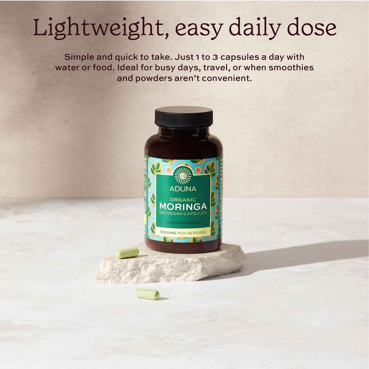 Aduna Organic Moringa Capsules 1500mg - 100% Pure Moringa Leaf for Energy, Immunity & Focus - Natural Plant-Based Food Supplement for Tiredness, Recovery & Breastfeeding - 180 Vegan Capsules