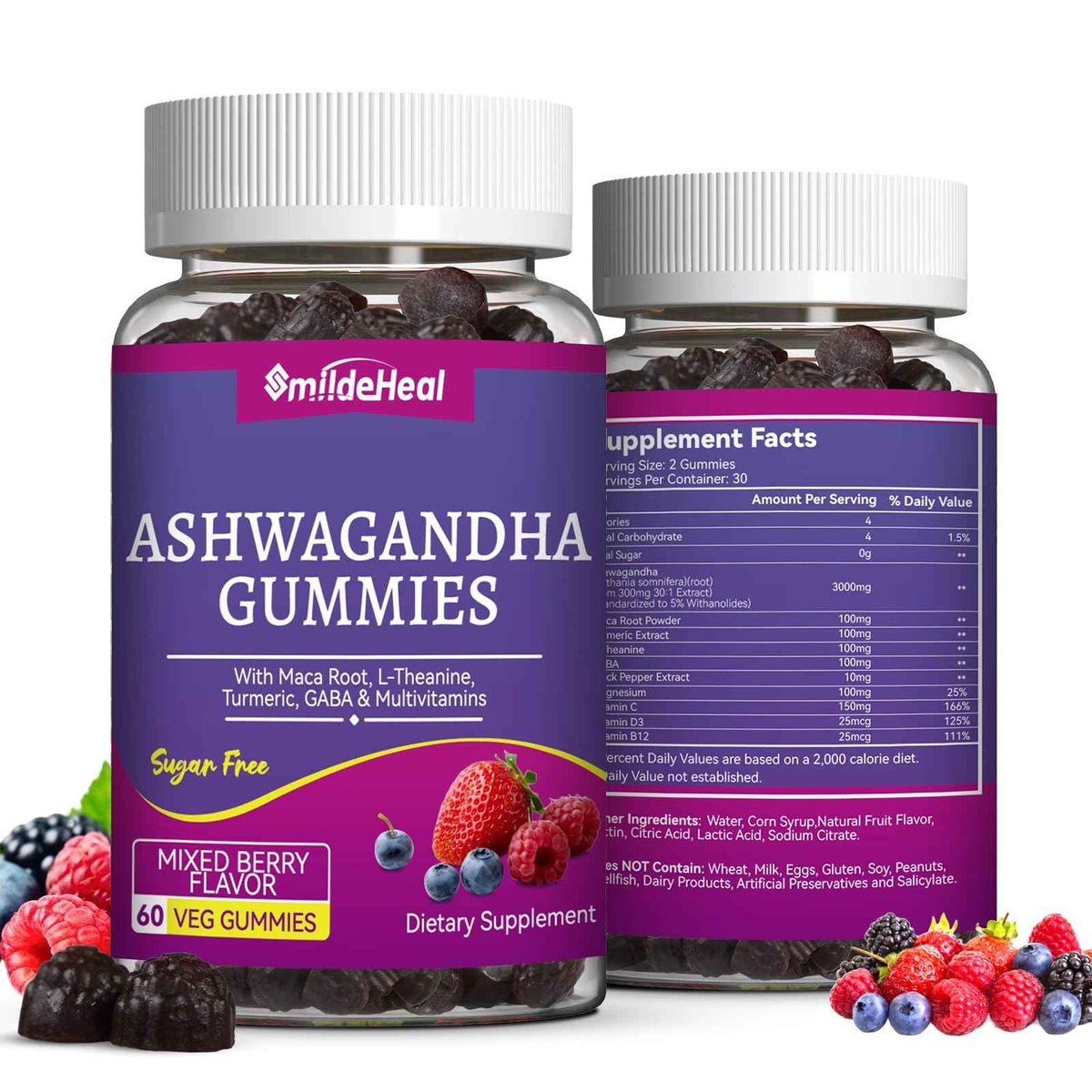 Ashwagandha Gummies 3000mg for Calm & Stress Relief, 60 Count, Vegan - Ashwagandha High Strength Root Extract Supplement with L-Theanine, Trumeric, D3 for Women & Men - Natural Mixed Berry Flavor