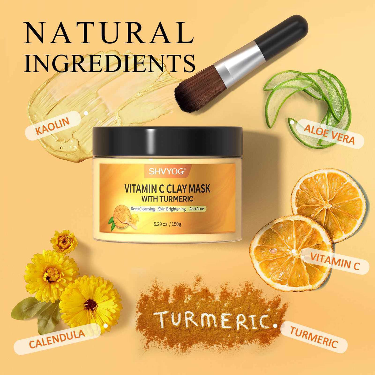 SHVYOG Turmeric Vitamin C Clay Mask with Kaolin Clay for Dull & Blemish-Prone Skin, Deep Cleansing Facial Mask, Face Masks Skincare for Controlling Oil