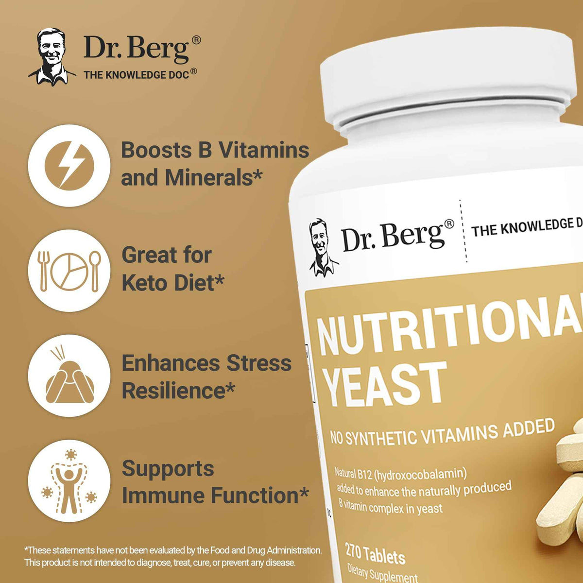 Dr. Berg Nutritionals Yeast Tablets - Natural B12 Added - All 8 B Vitamin Complex - Organic Vanilla Flavor - 270 Vegan Tablets Dietary Supplements