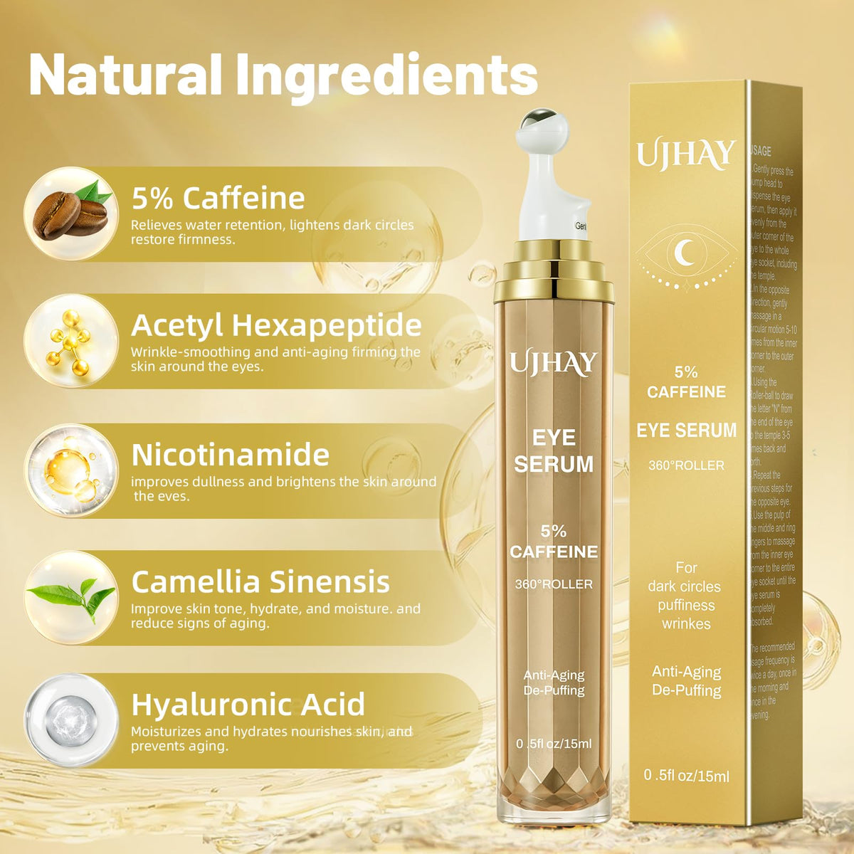 UJHAY 5% Caffeine Eye Cream & Under Eye Serum for Dark Circles & Puffiness - 360° Roller