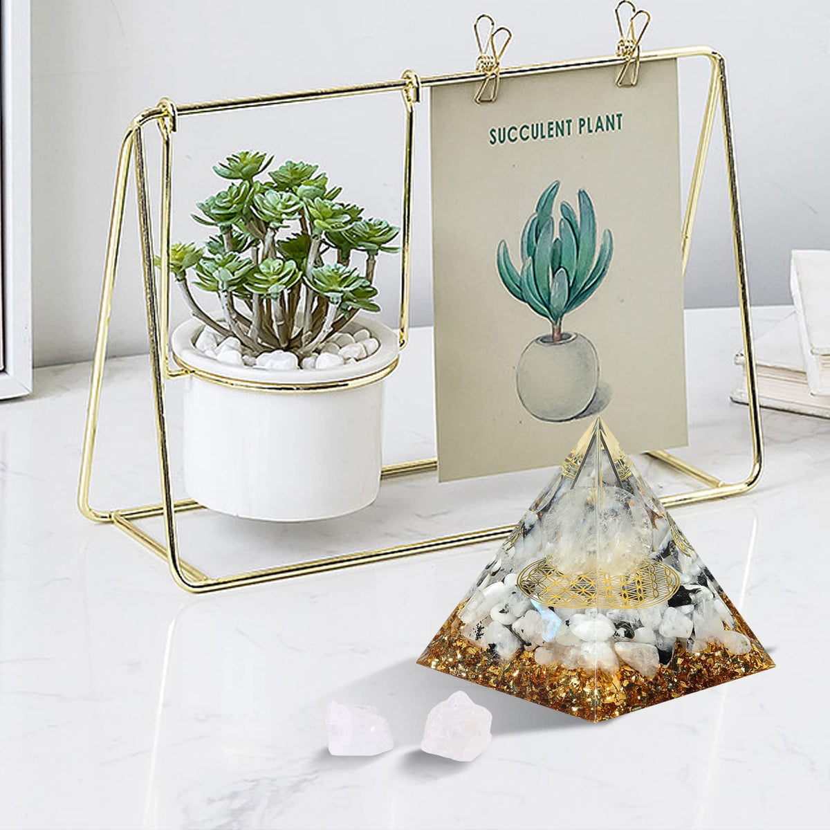 Hopeseed Orgone Pyramid for Positive Energy, Orgonite Rainbow Moonstone&White Crystal