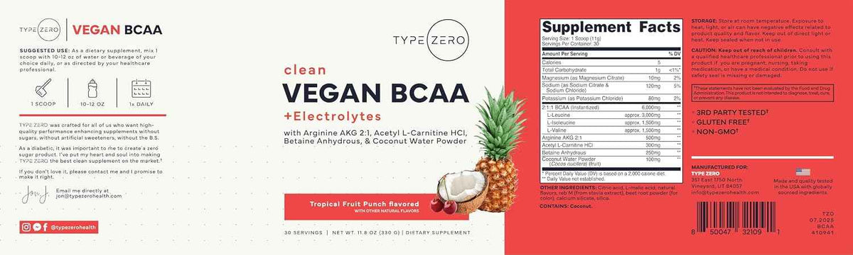 Type Zero Ultra Clean Vegan BCAA Powder + Electrolytes Tropical Fruit Punch - 6g Per Serving, 2:1:1 Sugar-Free, No Sucralose, BCAAs Amino Acids Supplement, After Workout Drink, 30 Servings