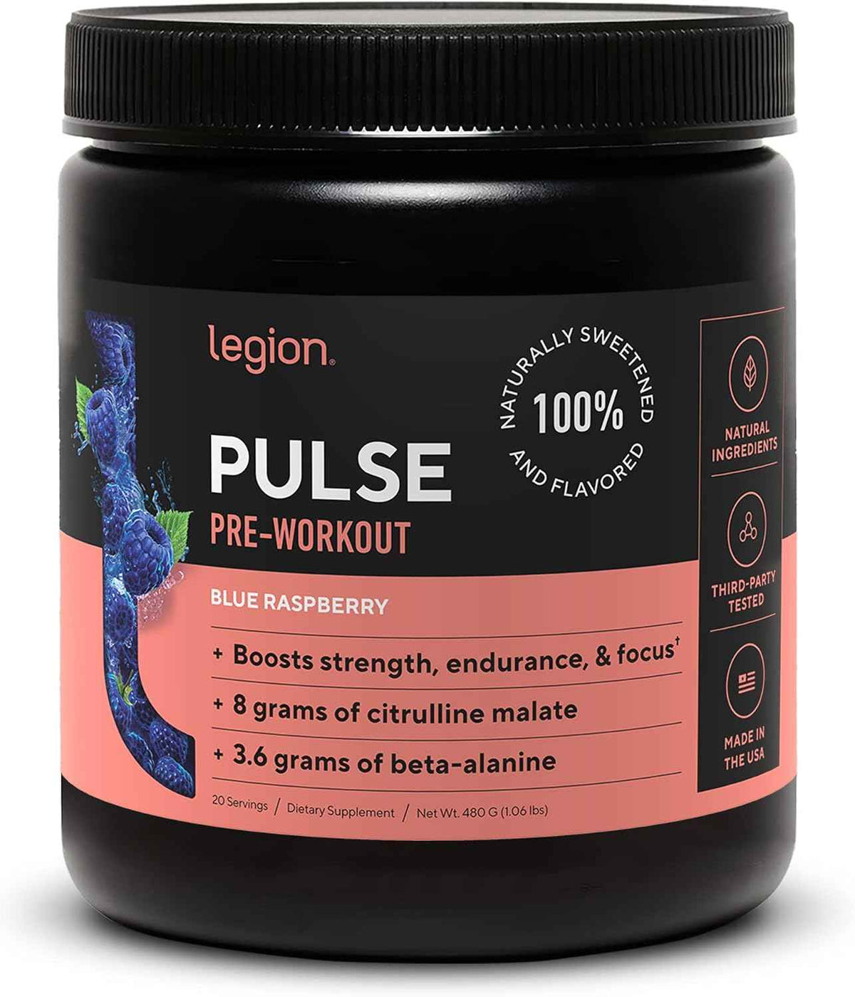LEGION Pulse Pre Workout Supplement - All Natural Nitric Oxide Preworkout Drink to Boost Energy, Creatine Free, Naturally Sweetened, Beta Alanine, Citrulline, Alpha GPC (Fruit Punch & Blue Raspberry)