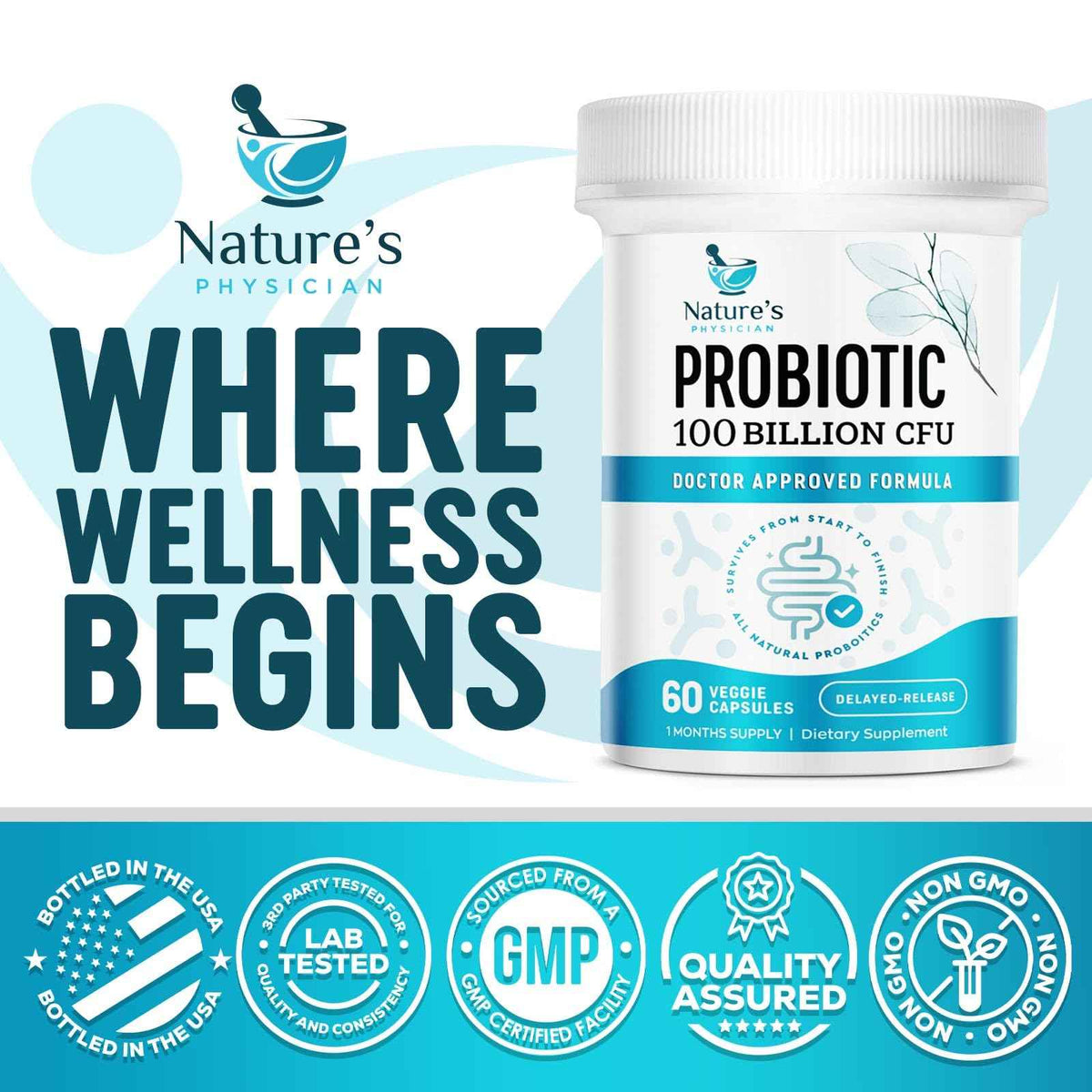 Nature's Physician Probiotics - 100 Billion CFU Per Capsule - 16 Strains + Prebiotics - Best Probiotic Supplement for Women & Men - Supports Immune