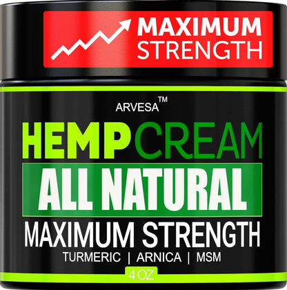 Natural Hemp Cream - Maximum Strength Gel - Hemp Cream with Arnica, MSM, Glucosamine, Menthol, Aloe, Turmeric, Boswellia - Fast Absorption, Non-Greasy, Lightweight - Advanced Formula - 4 oz