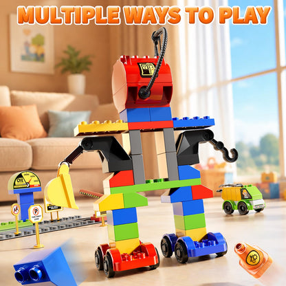 XINNOVEL Toddlers Car Building Blocks Set, 72 Pcs Large Building Blocks, STEM Construction Toys Include Excavator,Bulldozer,Dump Truck,Road Traffic,Signs,Toys for 3 4 5 4 7 8 Year Old Boys Girls