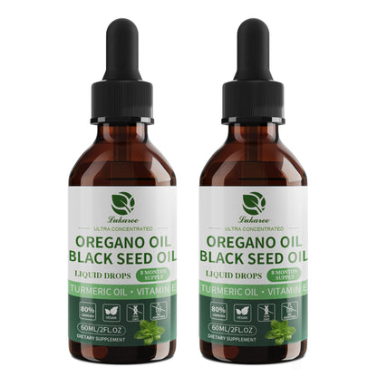 Oil of Oregano Drops with Black Seed Oil, 80% Carvacrol, 8 Month Supply - Immune, Digestive, Detox & Natural Cleanse for Humans*, Undiluted Oregano Oil with Turmeric Oil, Vitamin E & Olive Oil Based