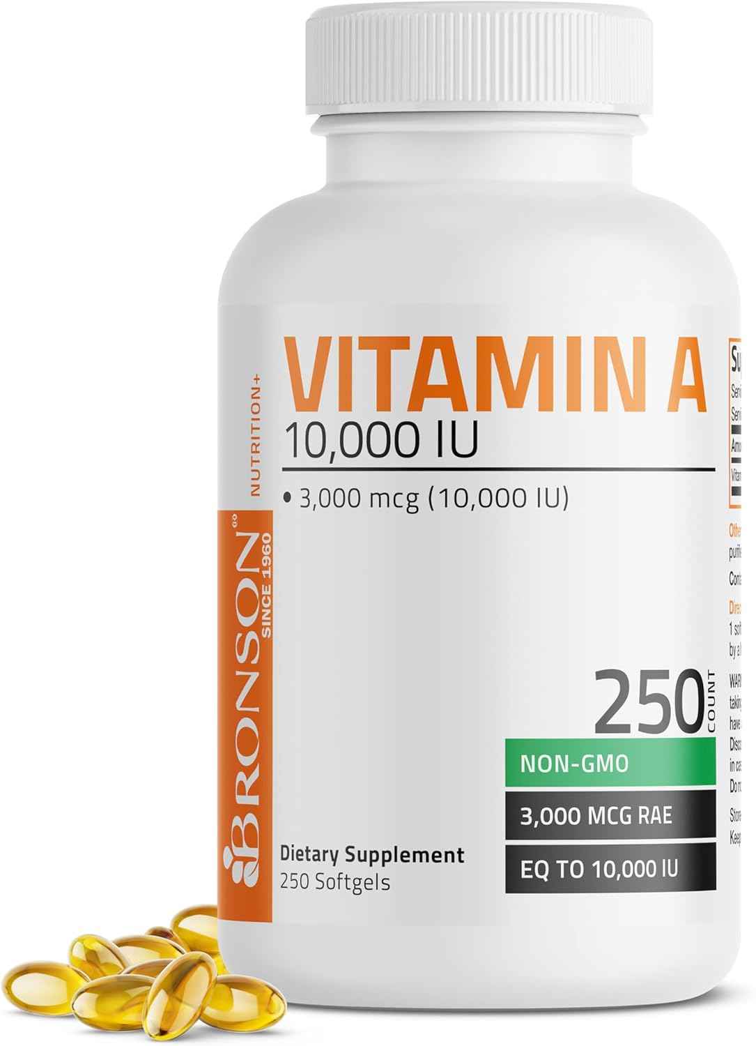 Bronson Vitamin A 10,000 IU Healthy Vision and Immune Support, 250 Softgels - Vitamin A Palmitate, Once-Daily Rapid Release, Skin, Growth & Reproduction Support, Non-GMO