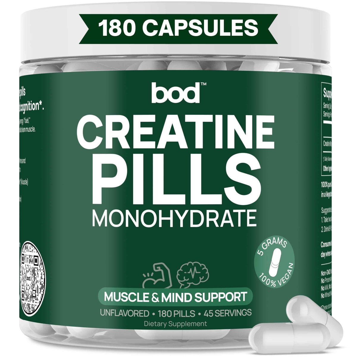 Bod Creatine Monohydrate Capsules – 45 Servings (4 Capsules = 5 g) – Ultra-Pure 200 Mesh Creatine Monohydrate – Strength