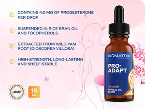 BioMatrix Progesterone, Vitamin E, Rice Bran Topical Oil - Bottle 1/2-Full by Design - Crafted in USA, 15 mL Glass - Pro-Adapt