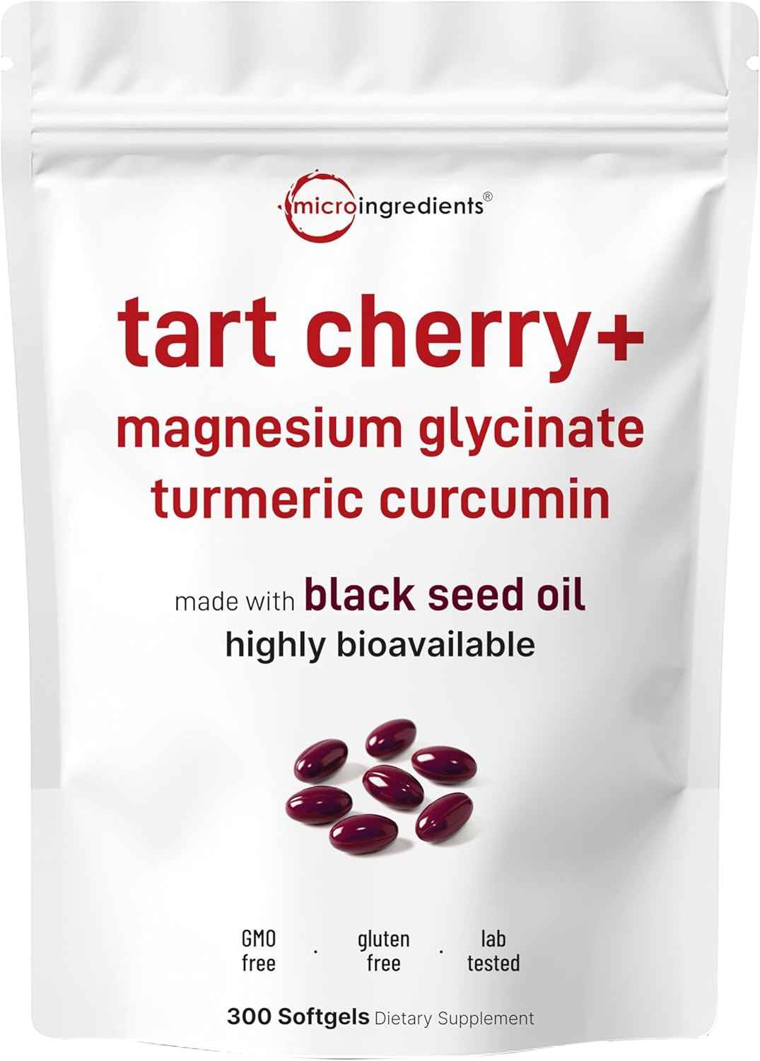 Tart Cherry+ with Magnesium Glycinate & 95% Turmeric Curcumin, 300 Softgels - Made with Black Seed Oil - Tart Cherry Extract Supplement - 3-in-1 Herbal & Mineral Complex - Non-GMO, Gluten Free
