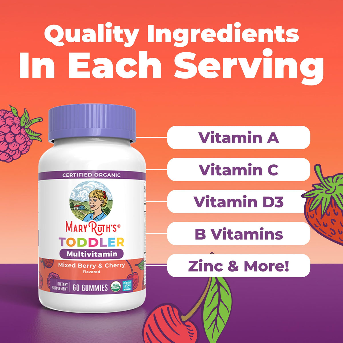 MaryRuth's Toddler Multivitamin Gummies - USDA Organic - 2 Month Supply - Kid & Toddlers Age 2+ Daily Multivitamin: Vitamin C, D3, Zinc - Kids Vitamins - Only 1 Gummy Per Day - 60 Ct (60 Day Supply)