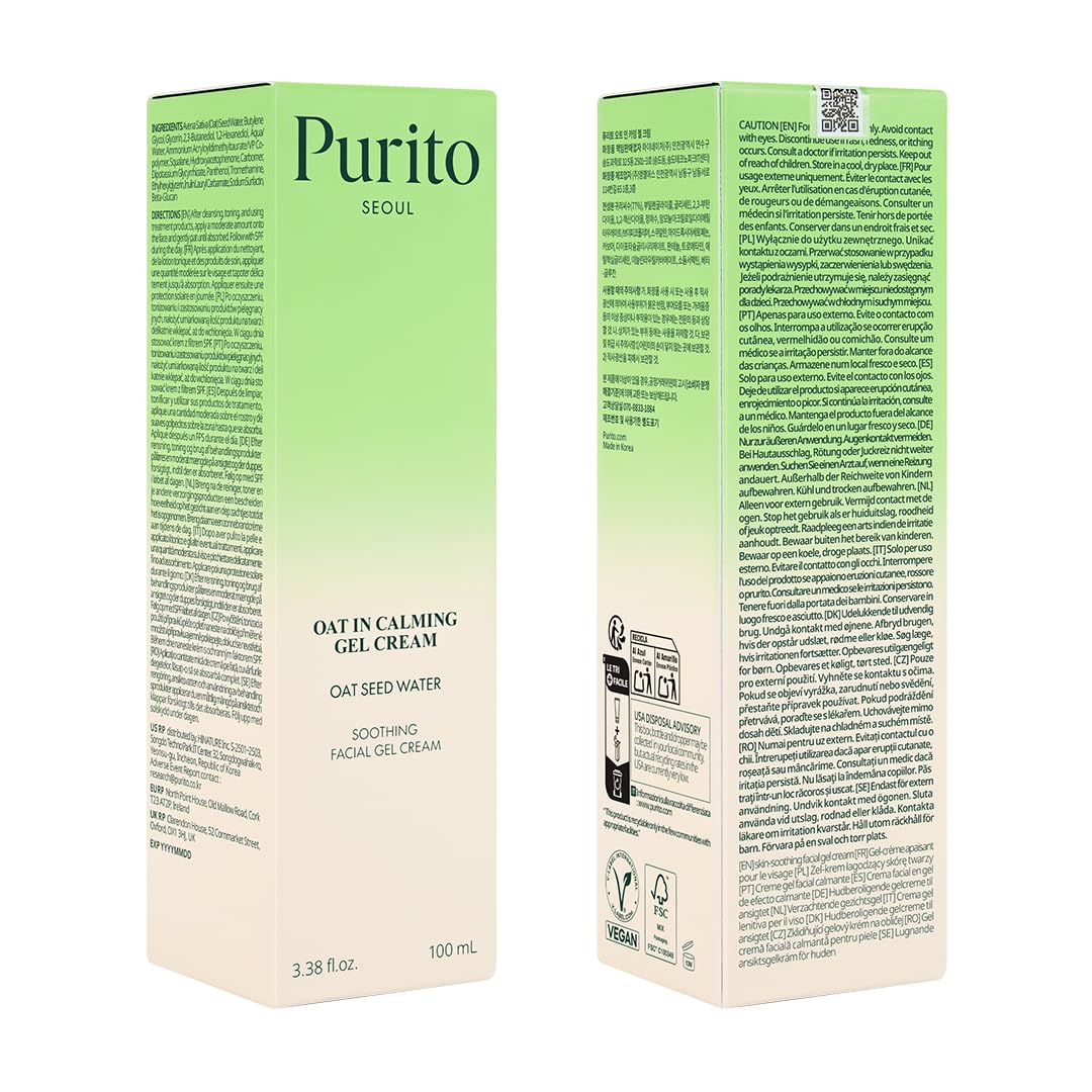 PURITO Oat In Calming Gel Cream, Non-Comedogenic, 77% Oat Seed Water Lightweight Water-Gel Face Moisturizer, Fragrance-Free, Vegan Korean Skincare, Sensitive & Blemish-Prone Skin, 100 mL