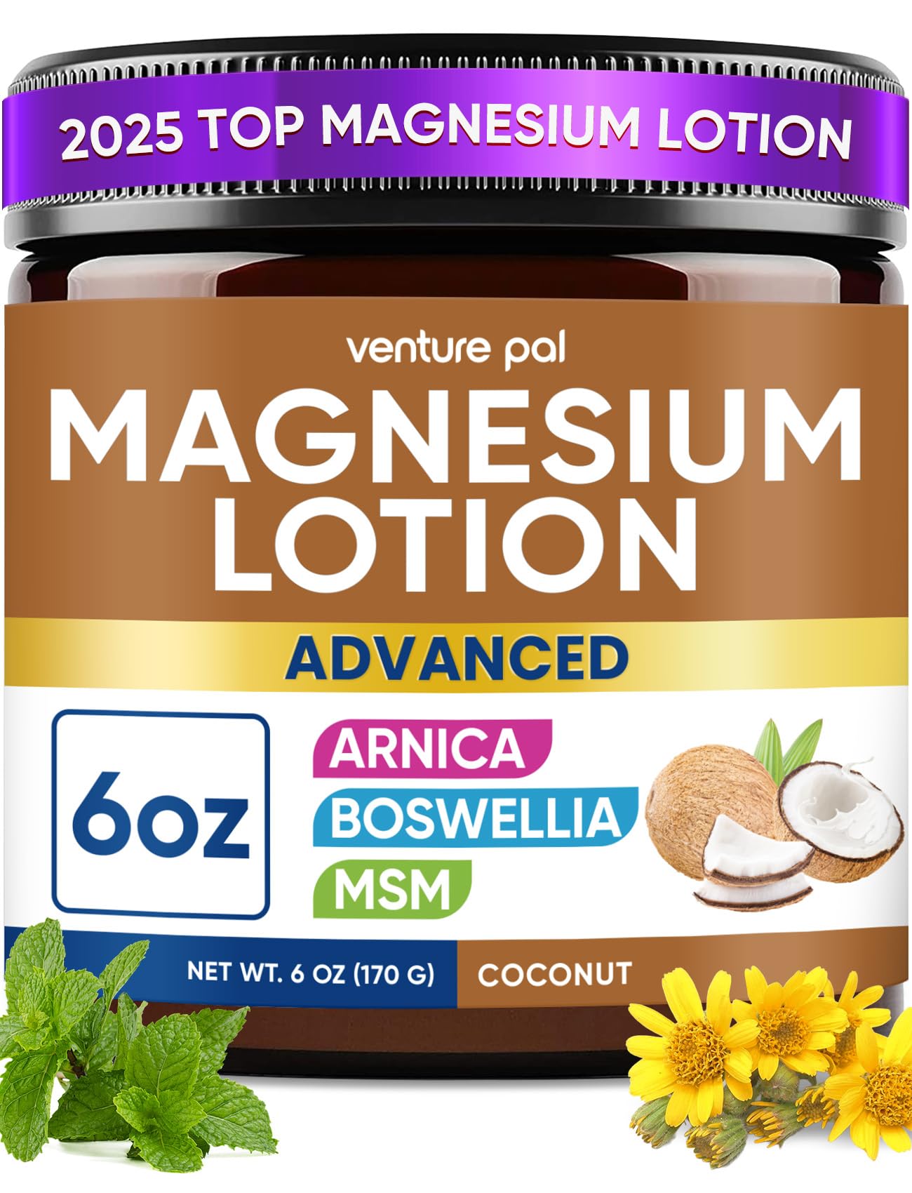 Magnesium Lotion with Arnica, MSM & Boswellia - Safe for Kids - 6 fl oz - Cooling Magnesium Cream - Lightweight Moisturizing Lotion for Legs & Feet