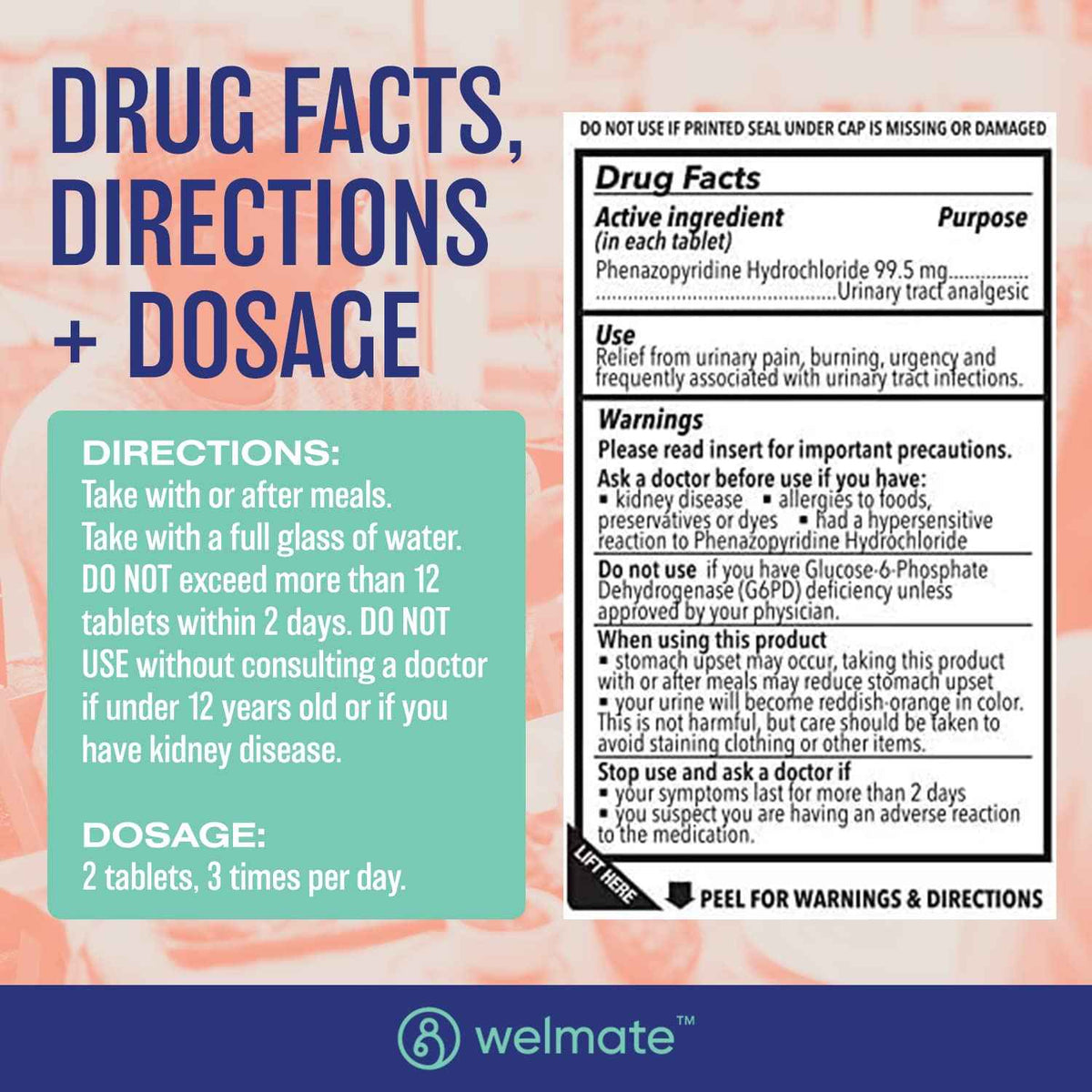WELMATE Urinary Pain UTI Relief Maximum Strength (Phenazopyridine HCL) - Improve Urinary Tract Health & Bladder Control, Urgency, & Discomfort - Over-The-Counter Medication for Men & Women (72 Pills)