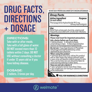 WELMATE Urinary Pain UTI Relief Maximum Strength (Phenazopyridine HCL) - Improve Urinary Tract Health & Bladder Control, Urgency, & Discomfort - Over-The-Counter Medication for Men & Women (72 Pills)
