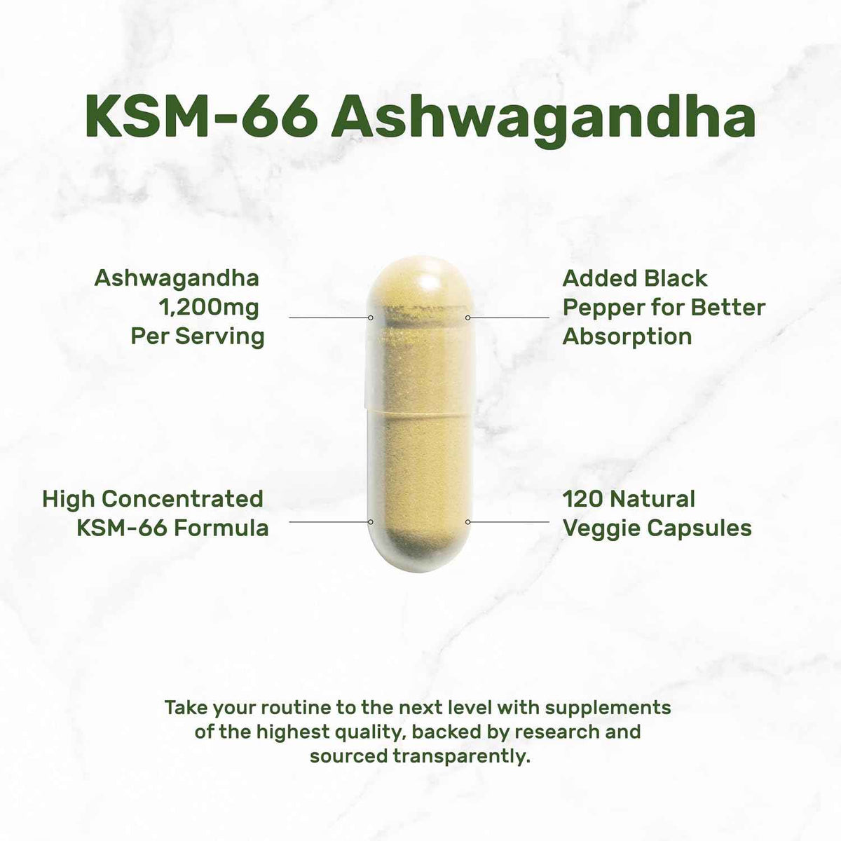 KSM 66 Ashwagandha 1,200mg with Black Pepper, 120 Veggie Capsules - Extra Strength Root Extract - High Absorption - Adaptogenic Supplements for Relaxation, Energy, & Brain Health - Non-GMO