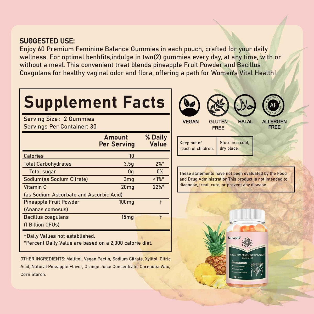 SUWENY Pineapple Gummies for Women ph Premium Feminine Balance Gummies for Women Health Immune Support Vegan, Gluten-Free & Halal-60 Gummies-30 Servings (1)