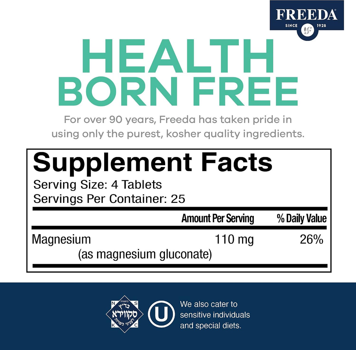 Freeda Magnesium Gluconate Vegan Supplement - 100 Tablets - Gentle and Highly Absorbable Magnesium Gluconate Supplement - Supporting Bone, Nerve & Muscle Function