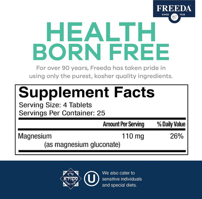 Freeda Magnesium Gluconate Vegan Supplement - 100 Tablets - Gentle and Highly Absorbable Magnesium Gluconate Supplement - Supporting Bone, Nerve & Muscle Function