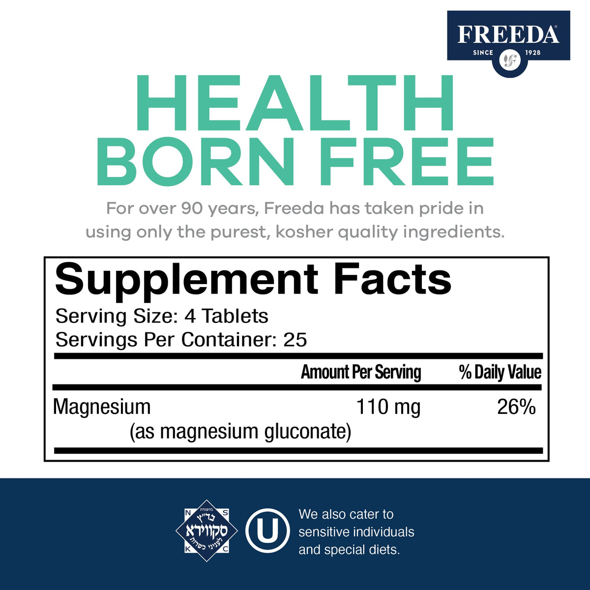 Freeda Magnesium Gluconate Vegan Supplement - 100 Tablets - Gentle and Highly Absorbable Magnesium Gluconate Supplement - Supporting Bone, Nerve & Muscle Function