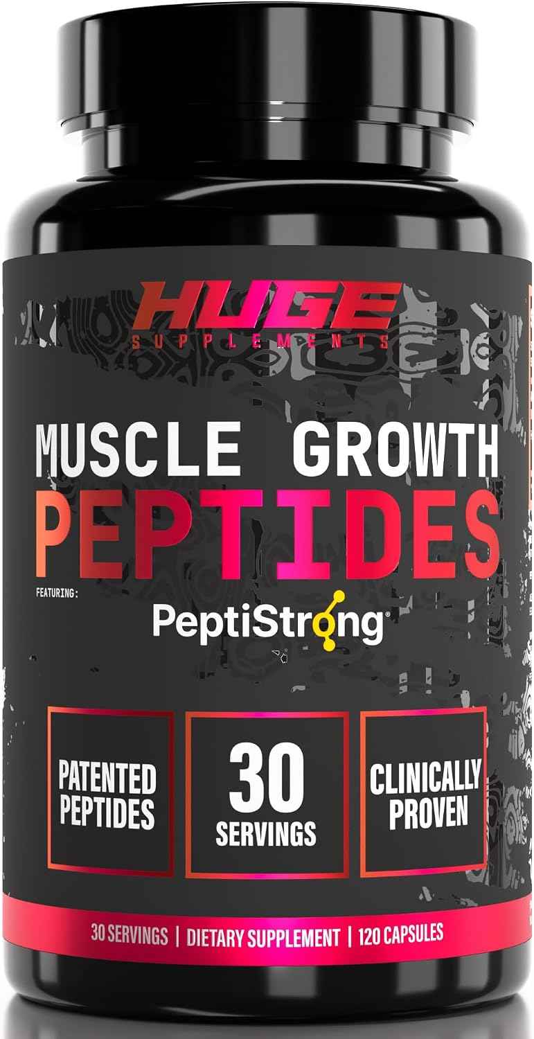 Huge Muscle Growth Peptides, Unique PeptiStrong Peptide Complex, Clinically Studied, Supports Muscle Protein Synthesis, Strength, Performance & Recovery, Advanced Peptide Technology, 30 Servings