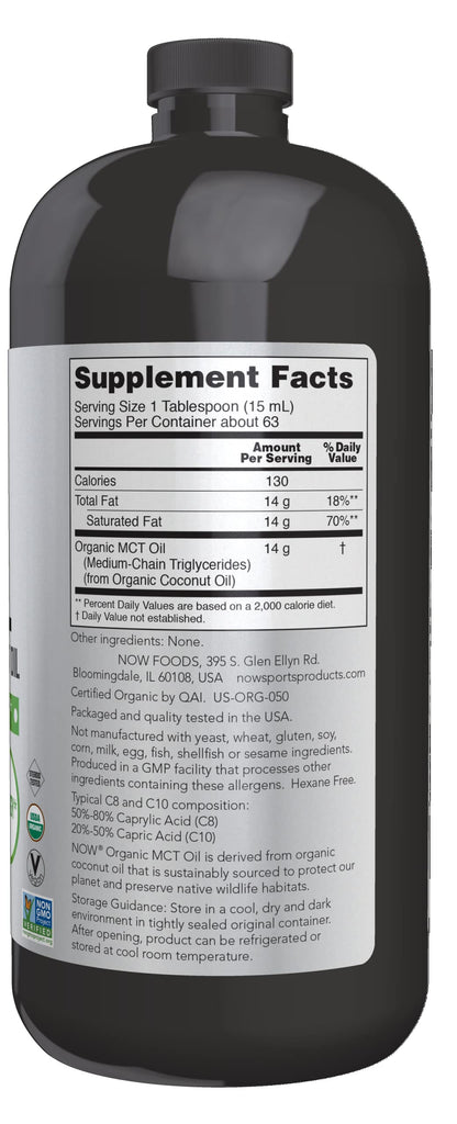 NOW Sports Nutrition, Organic MCT (Medium-chain triglycerides) Oil (in Plastic), 32-Ounce