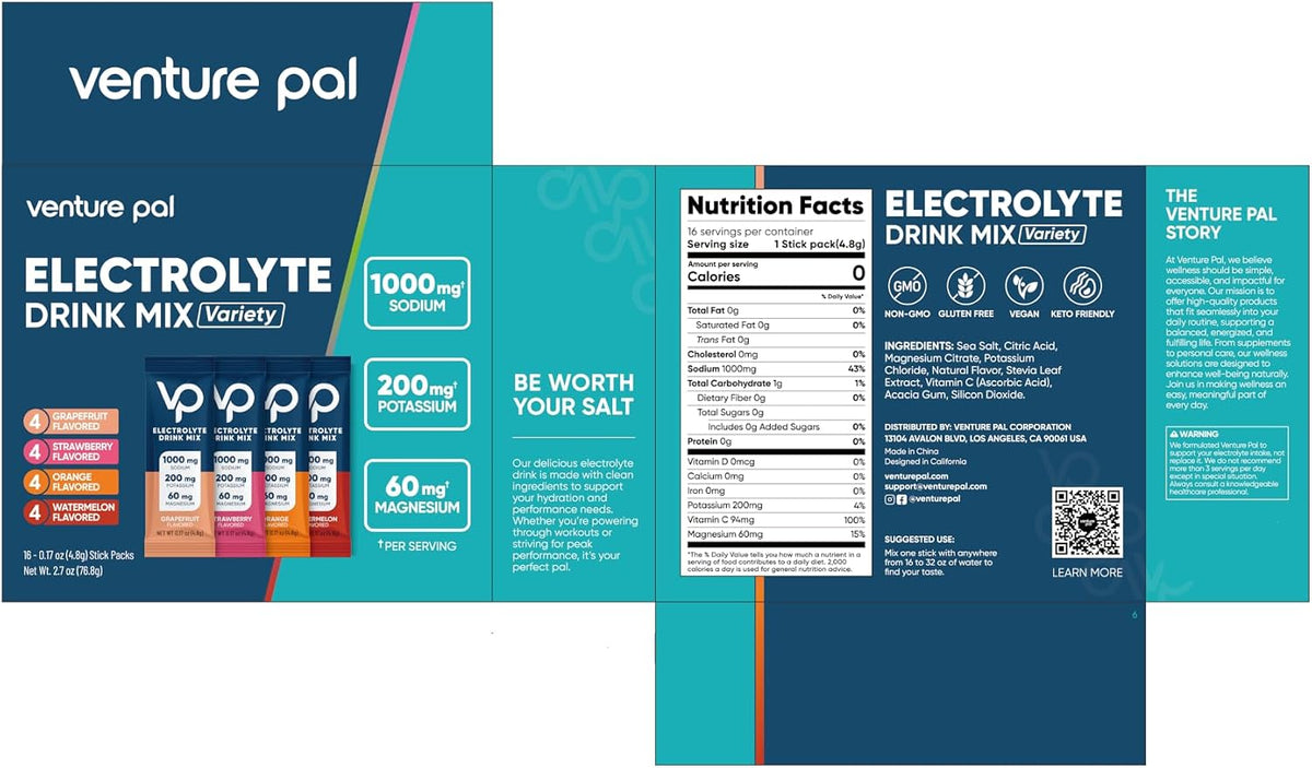 Venture Pal High Sodium Sugar Free Electrolytes Powder Packet, 16 Sticks - Hydration Packets with Vitamin, Sodium & Potassium, Zero Calories, Vegan, Keto & Paleo Friendly Electrolyte Drink Mix