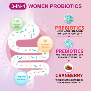 OMOGS Women's Probiotic, with Cranberry Extract, Organic Prebiotics & Vitamin C, 120 Billion CFUs,18 Strains, Help for Boost Immune, Digestive, Gut Health & Women's Health,120 Tablets