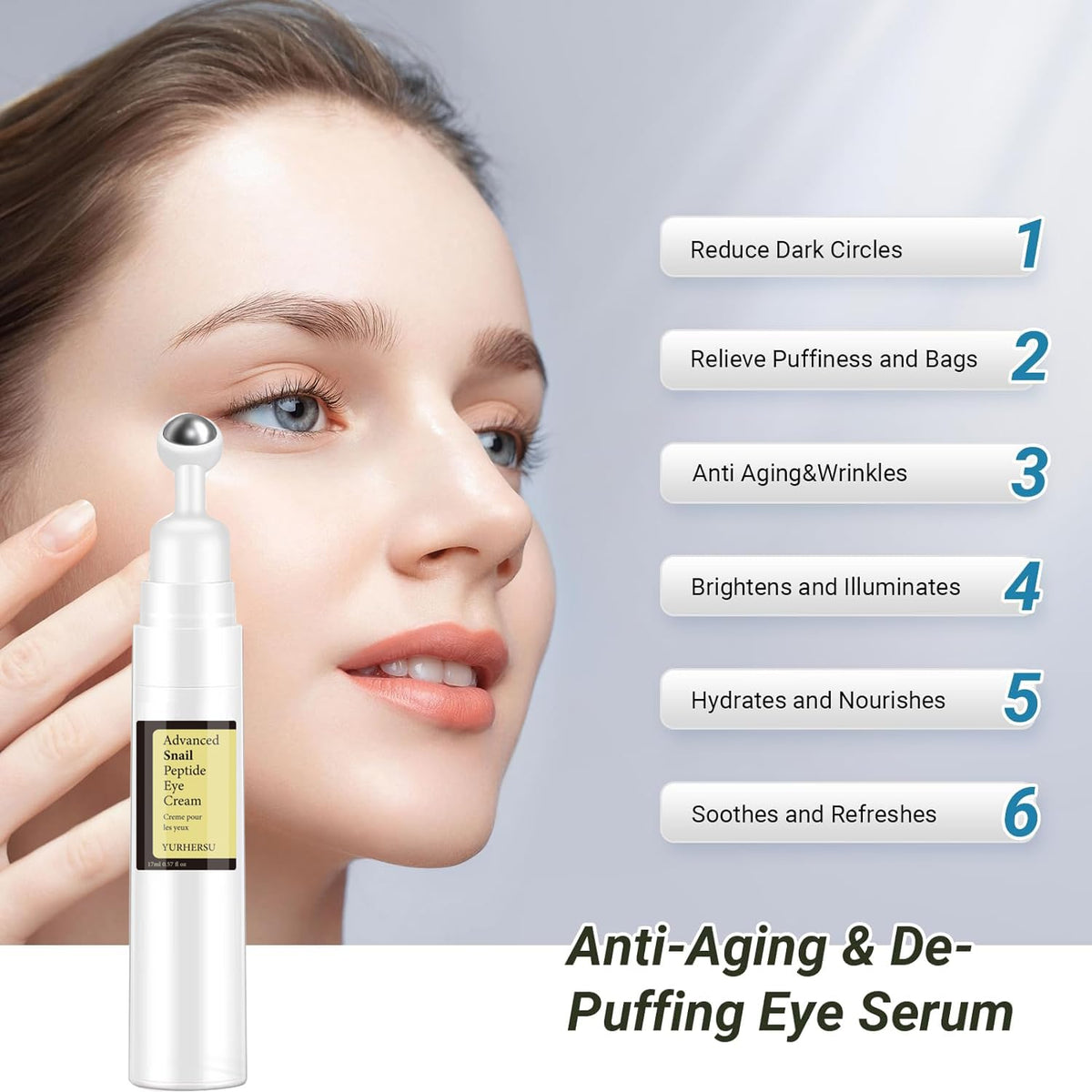 ELCHHIRSCH Snail Peptide Under Eye Cream - 73% Snail Mucin & 2% Nicotinamide with 360° Massaging Roller Ball (0.57 fl. oz)