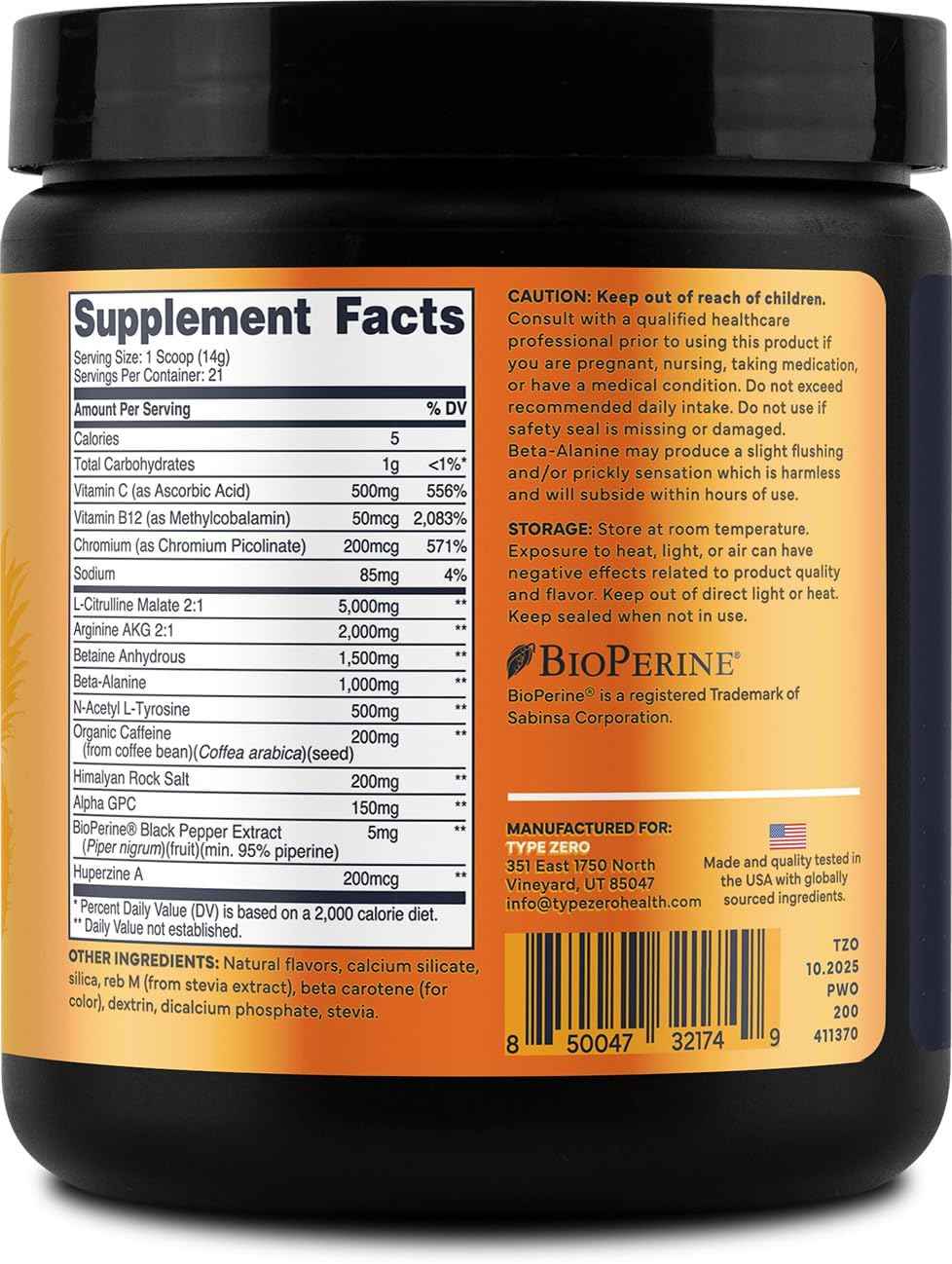 Type Zero Clean Pre Workout Powder (Pineapple Mango) 21 Servings - 200mg Natural Caffeine, L-Citrulline Malate, Beta Alanine, Alpha GPC, Huperzine A, Himalayan Salt, Sugar Free