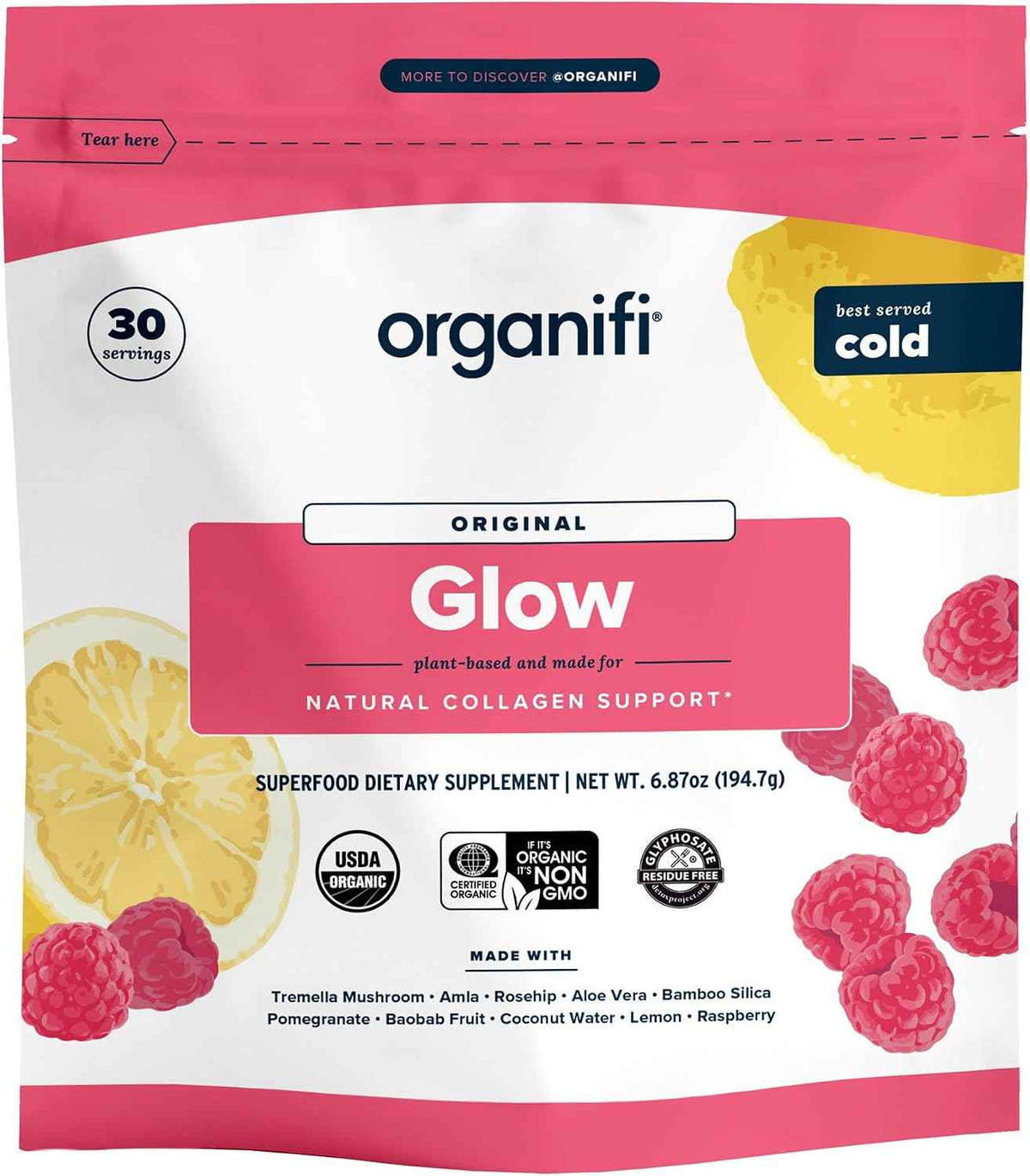 Organifi Glow - Vegan Collagen Powder for Women - Organic Flavored Water Ingredient, 30 Servings