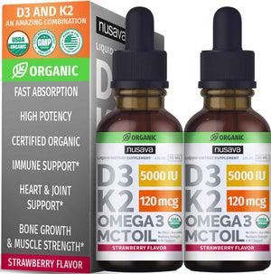 NUSAVA Vitamin B12 Liquid Drops, Strawberry Flavored D3 K2 & Vanilla Flavored D3 K2 Bundle - Daily Wellness Liquid Vitamins for Energy & Immune Support - Non-GMO, Gluten-Free, 2pk Each