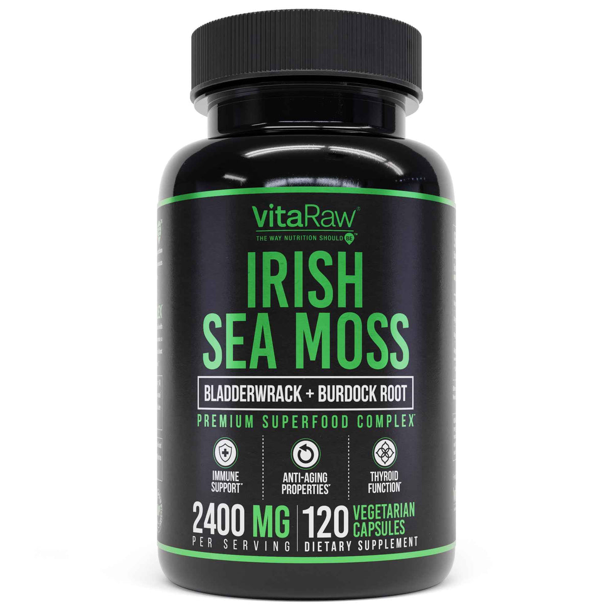 VitaRaw Organic Irish Sea Moss Capsules 2400 mg - Burdock Root and Bladderwrack Powder Real Seamoss Pills for Immune Support, Joint and Gut Health Help - Raw Sea Moss Advanced Herbal Supplement
